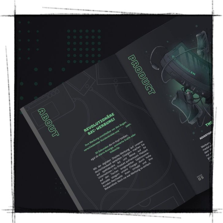 Ein Detailbild der Image Broschüre für Charge In, die einen dunklen Hintergrund mit grünem Text zeigt