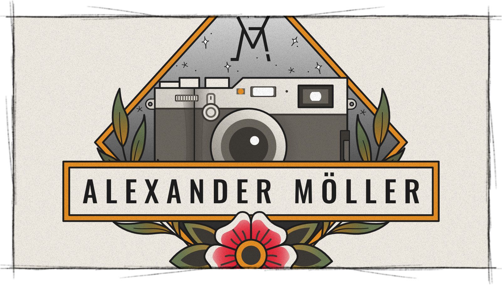 Das Titelbild der Projektvorstellung für das Personal Branding für Alex Möller Fotografie zeigt ein Ausschnitt des Logos, das aus einer Vektor-Illustration von einer Kamera, einer Blume und Blättern besteht.