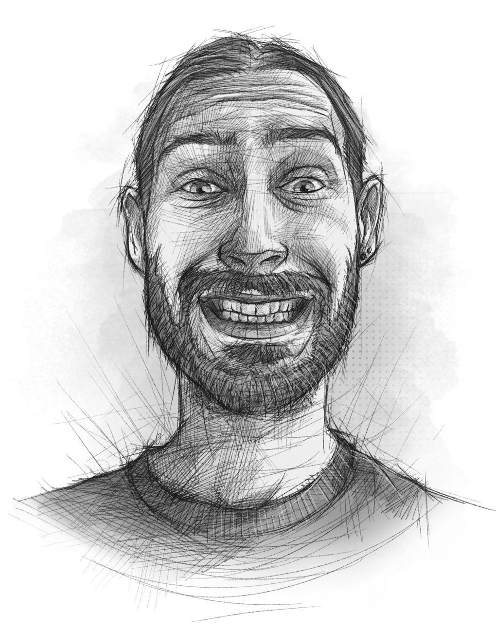 Ein skizzenhaft illustriertes Selbstportrait, das den Illustrator mit Grimasse mit einem leichten Lachen zeigt