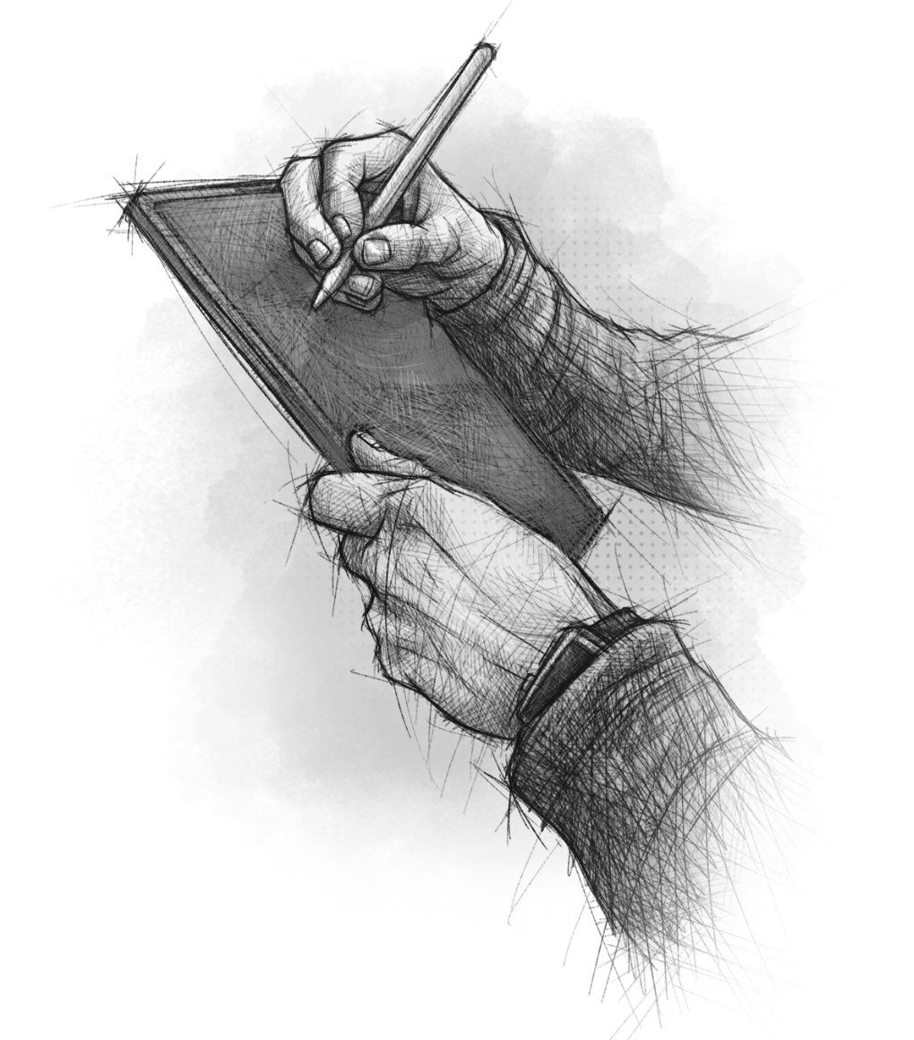 Eine skizzenhafte Illustration mit heller Farbgebung und einem grauen Farbspritzer im Hintergrund, die zwei gezeichnete Hände zeigt die mit einem Apple Pencil auf einem iPad zeichnen