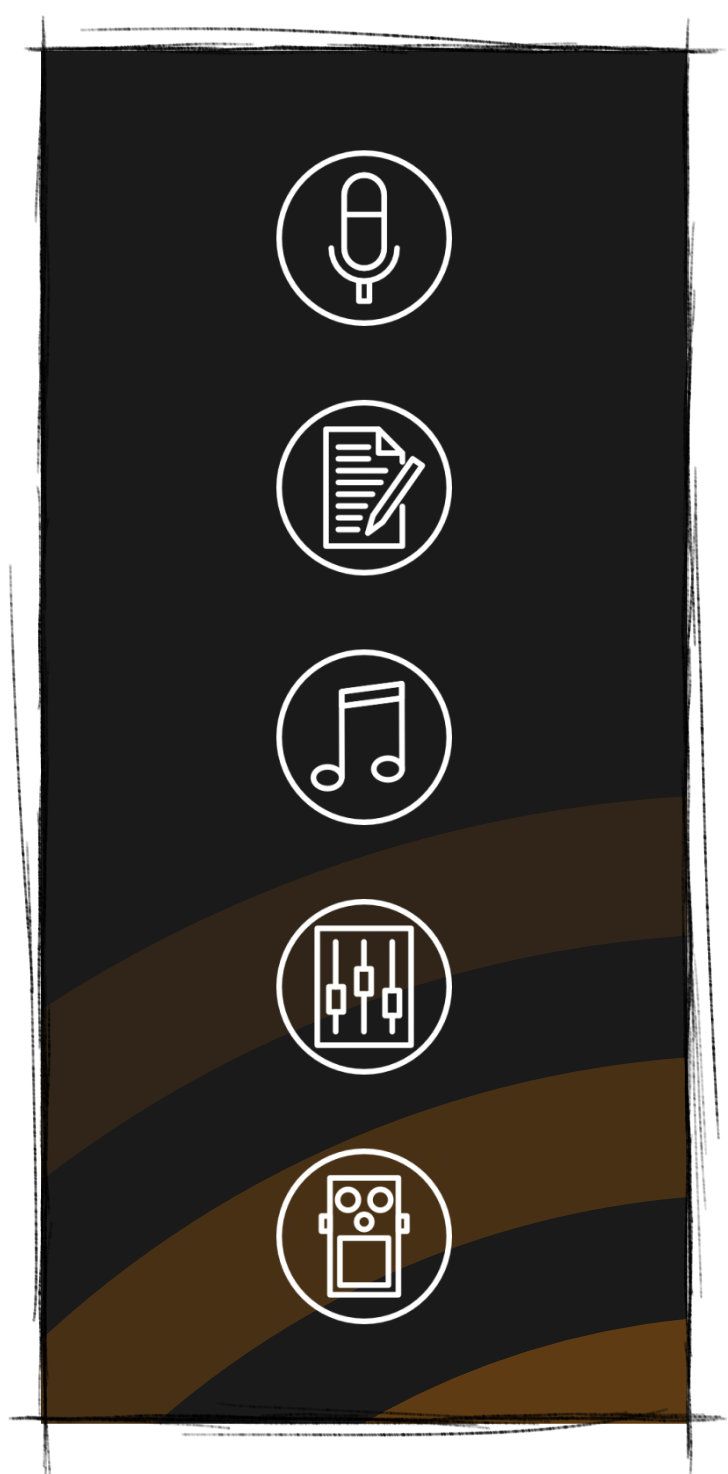 Eine hochformatige Darstellung von fünf minimalistischen Icons - Mikrophon, Dokument mit Stift, Musiknote, Mischpult-Regler, Overdrive Pedal - für Unleash The Sound Studios
