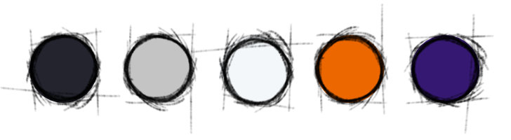 Ein Bild der fünf verwendeten Farben Schwarz, Grau, Hellblau, Orange und dunkles Lila für das Corporate Design Projekt für Upshift Media
